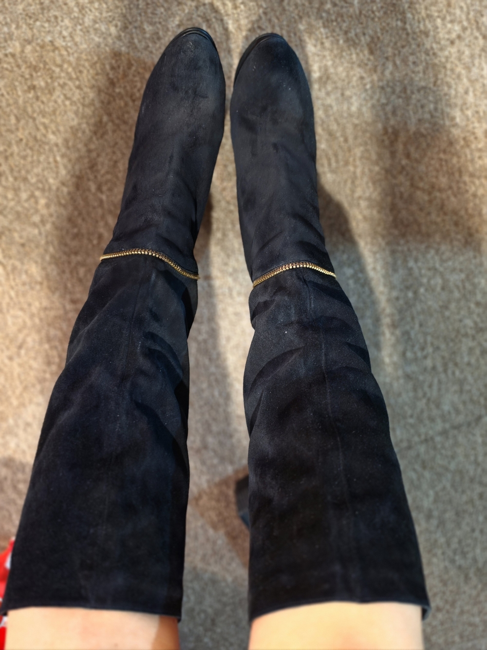 Women's Black Suede High-Heel Knee Boot with Gold Zip - Picture 2 of 7